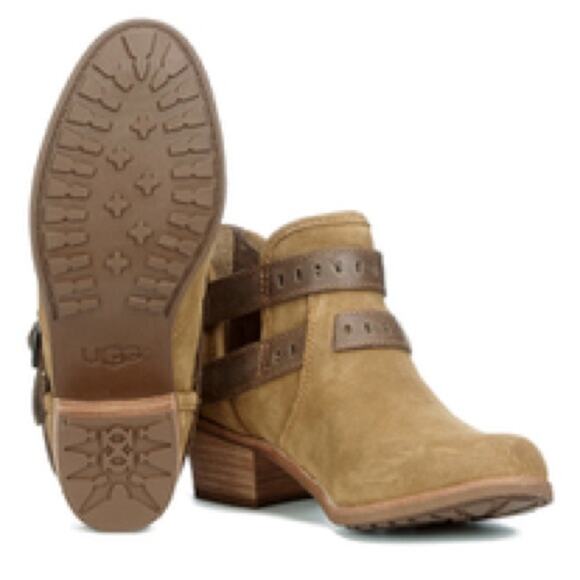 UGG Patsy Heeled Buckle Moto Boho Ankle Booties In Chestnut Brown Size 6 Office - Picture 2 of 13